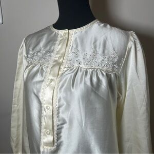Vintage Vanity Fair Ivory Satin Nightgown Long Sleeve Lace Yoke Sleep Dress 70s